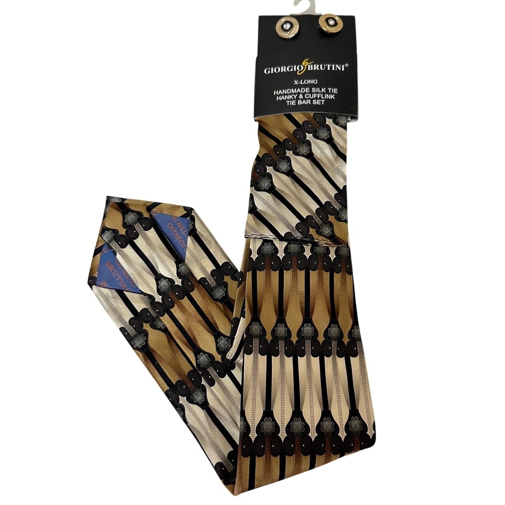 Giorgio Brutini X-Long Handmade Silk Tie and Cufflink Set Gold Art Deco Pattern